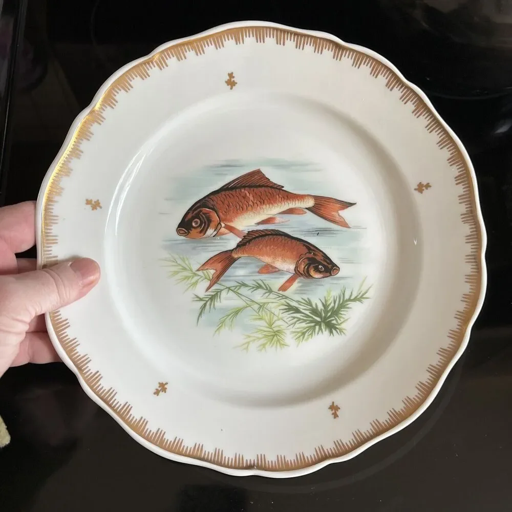 Hand Painted Fish Pattern Porcelain Dinner Plate Made In France Gold Gilt Rim